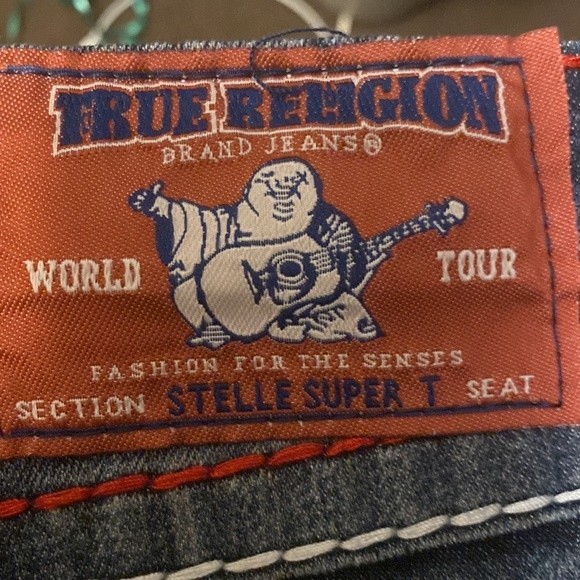 Y2K True religion Jeans Urban Cow Bill Big T Distress Skinny green Blue Size 28 - Picture 9 of 16
